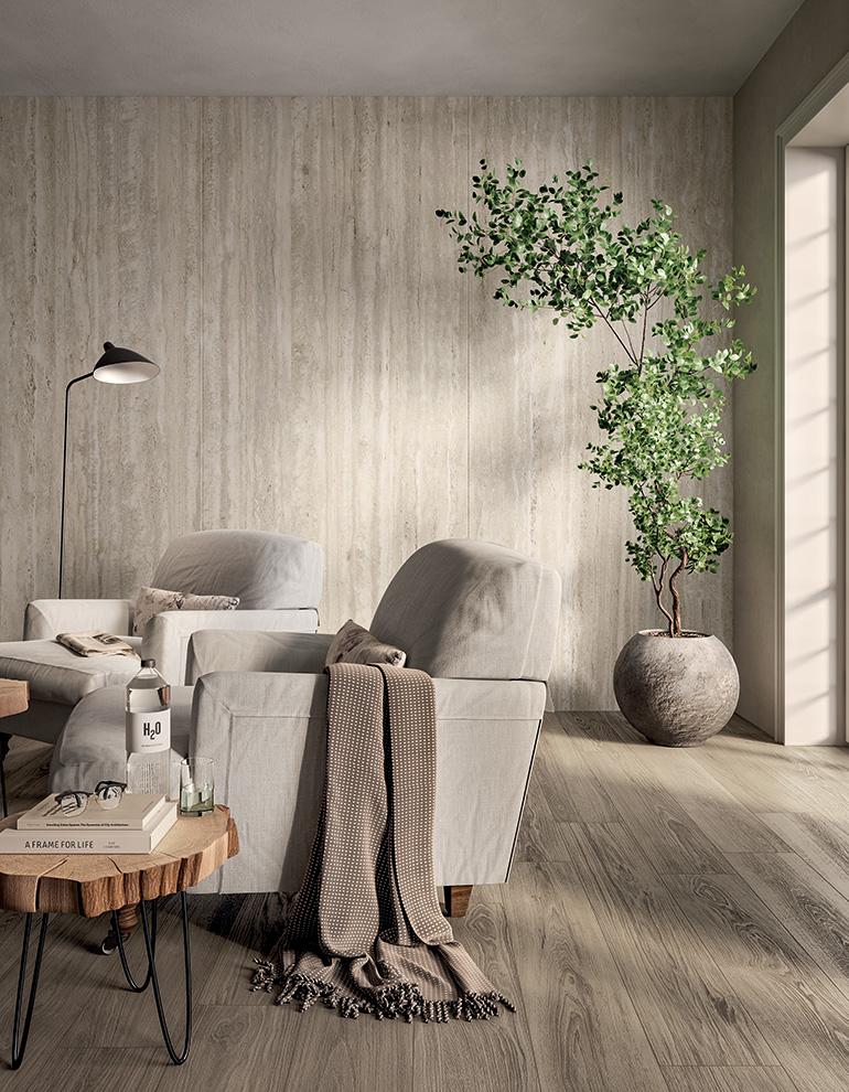 La maestosità del travertino, riconosciuta nell’architettura e nell’interior design, viene reinterpretata da Mirage per creare una nuova connessione con la tradizione mediterranea. La nuova collezione Elysian Travertini unisce lo splendore di questa pietra alle qualità e alle caratteristiche del grès porcellanato trasformandola in una superficie resistente, performante e versatile. 