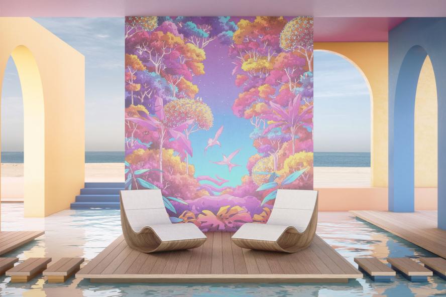 Carta da parati Paradise Blips, collezione beArt – design Camila Nogueira Paradise Blips, una carta da parati potente, racconto visivo, che subito sprigiona energia e positività attraverso i colori dal forte temperamento. Una foresta onirica, quasi psichedelica, fatta di arbusti e uccelli che si muovono liberi. Un inno alla gioia di essere e di esprimersi senza confini.