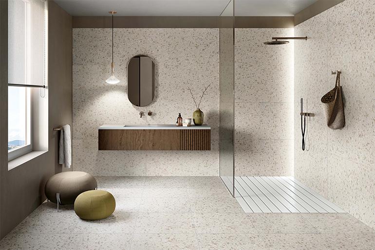 La nuova collezione Terrazzotech di Casalgrande Padana è proposta in sei diverse cromie (Tech Antracite, Argento, Beige, Bianco, Grigio e Nero) con finitura naturale, levigata e antiscivolo Bocciardata e declinata in tre formati (30x60 cm, 60x60 cm e 60x120 cm) in spessore 9,4 mm e in spessore 14 mm nel formato 60x60 cm, in superficie naturale. 