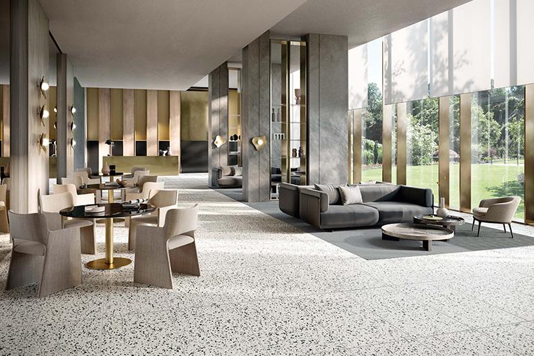 La nuova collezione Terrazzotech di Casalgrande Padana è proposta in sei diverse cromie (Tech Antracite, Argento, Beige, Bianco, Grigio e Nero) con finitura naturale, levigata e antiscivolo Bocciardata e declinata in tre formati (30x60 cm, 60x60 cm e 60x120 cm) in spessore 9,4 mm e in spessore 14 mm nel formato 60x60 cm, in superficie naturale. 