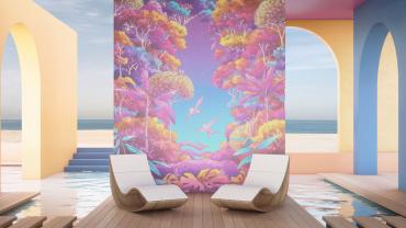 Paradise Blips, una carta da parati potente, racconto visivo, che subito sprigiona energia e positività attraverso i colori dal forte temperamento. Una foresta onirica, quasi psichedelica, fatta di arbusti e uccelli che si muovono liberi. Un inno alla gioia di essere e di esprimersi senza confini. 