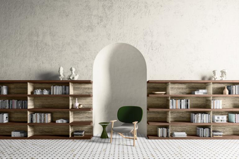 SHIRO - Kreoo Living Collection - design Enzo Berti: Basata sull&rsquo;abbinamento di legno e marmo, Shiro &egrave; un sistema che permette di creare mobili per il contenimento e librerie a parete o freestanding, capaci di definire e organizzare lo spazio come elementi d&rsquo;architettura d&rsquo;interni.
